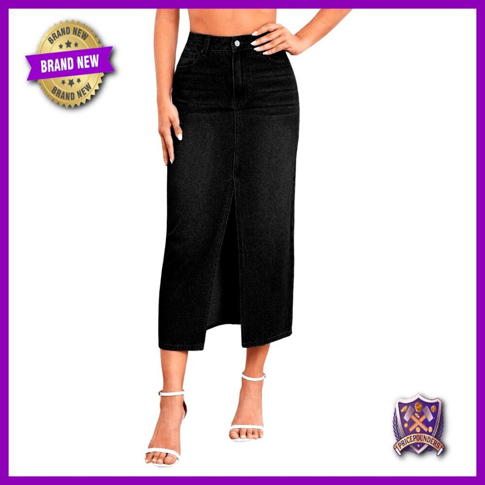 Stretch Denim Midi Skirt High Rise Front Slit Figure Flattering